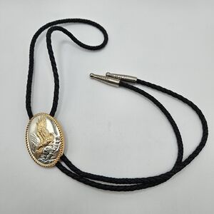 VINTAGE IVAN Gold and Silver Tone Flying Eagle Black Braided Western Bolo Tie